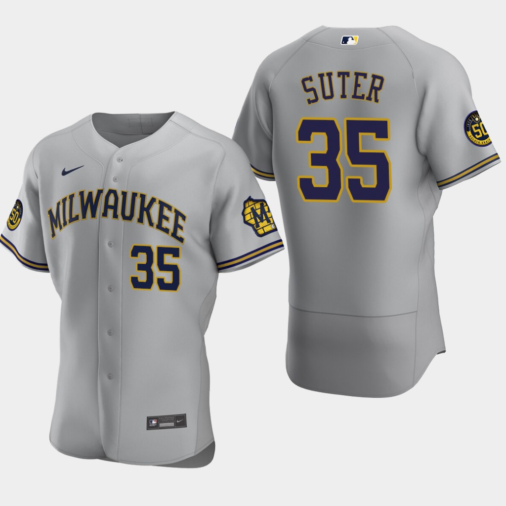 Men's Milwaukee Brewers Brent Suter #35 Gray Road Stitched Nike MLB Flex Base Jersey