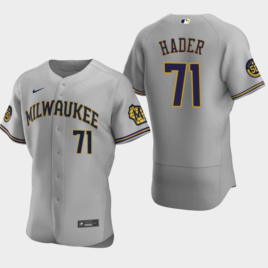 Men's Milwaukee Brewers Josh Hader #71 Road Gray 50th Anniversary Nike MLB Flex Base Jersey