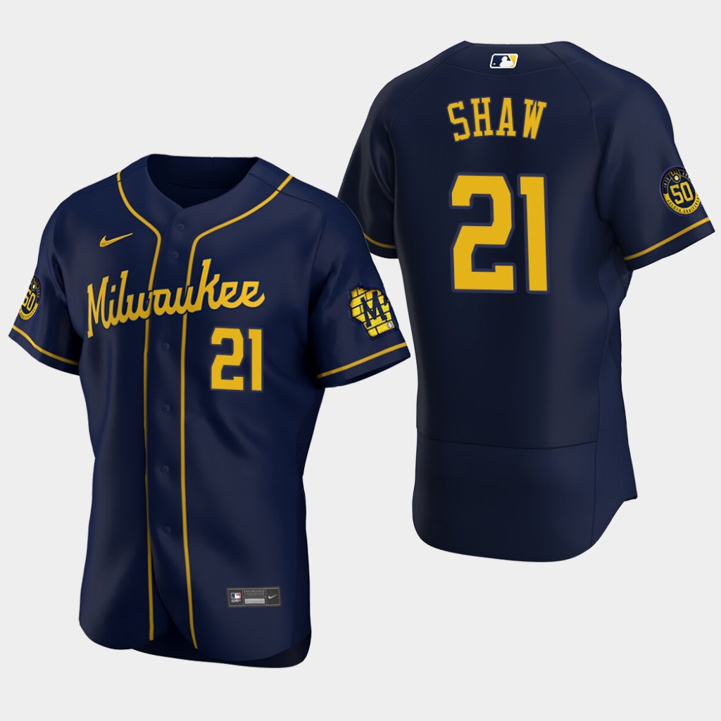 Men's Milwaukee Brewers Travis Shaw #21 Navy Blue Stitched 50th Anniversary Nike MLB Flex Base Jersey