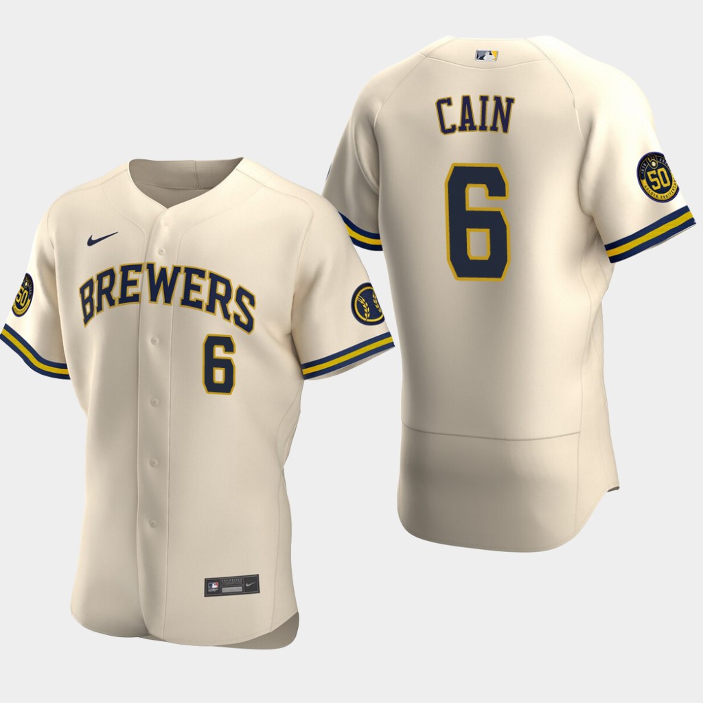Men's Milwaukee Brewers Lorenzo Cain #6 Cream Alternate Stitched Nike MLB Flex Base Jersey