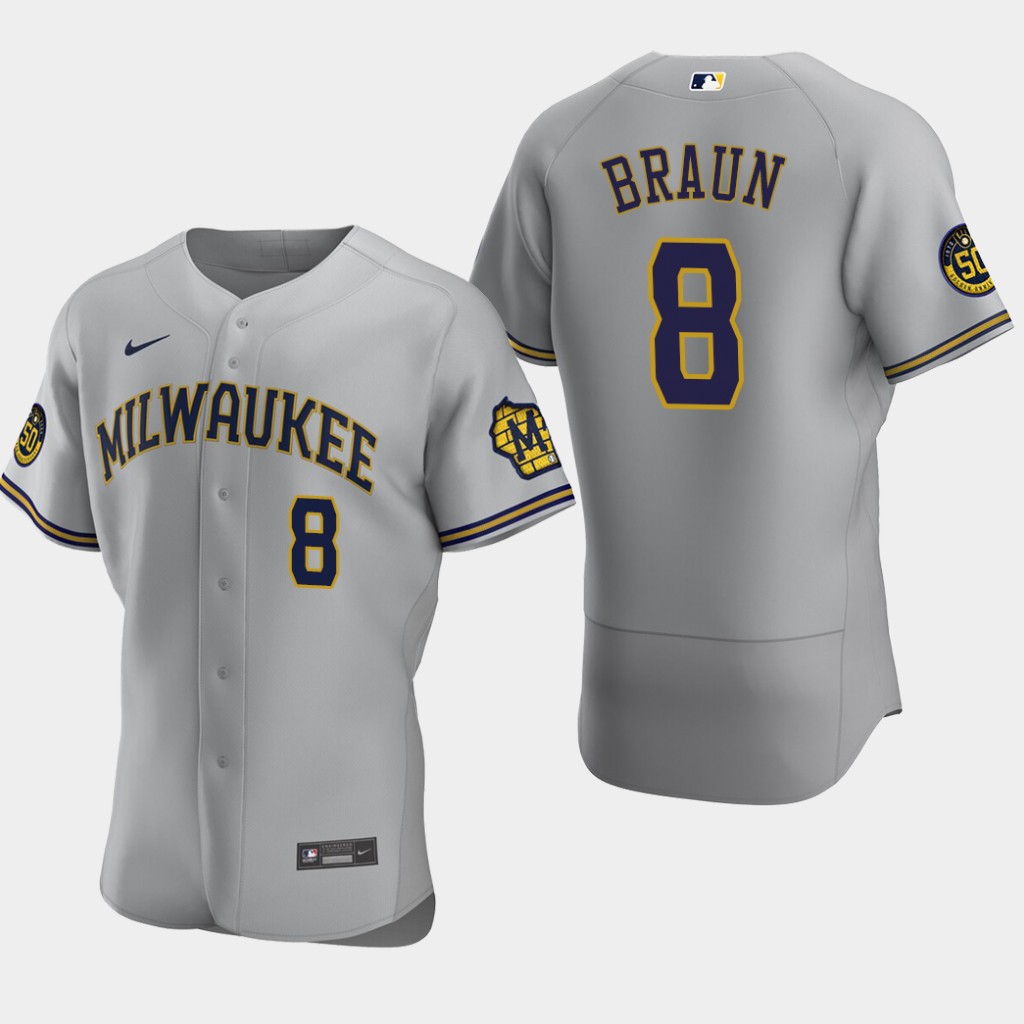 Men's Milwaukee Brewers Ryan Braun #8 Road Gray 50th Anniversary Nike MLB Flex Base Jersey