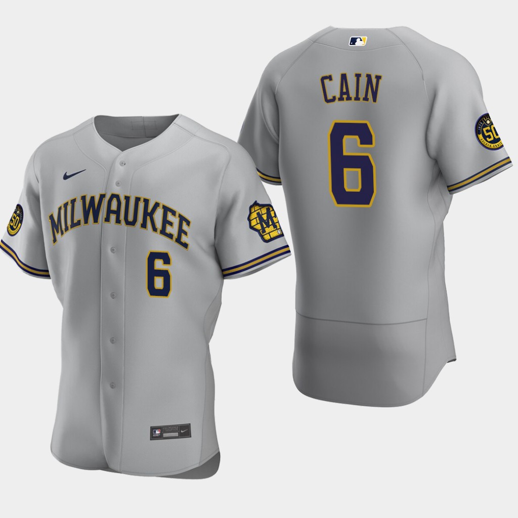Men's Milwaukee Brewers Lorenzo Cain #6 Gray Road Stitched Nike MLB Flex Base Jersey