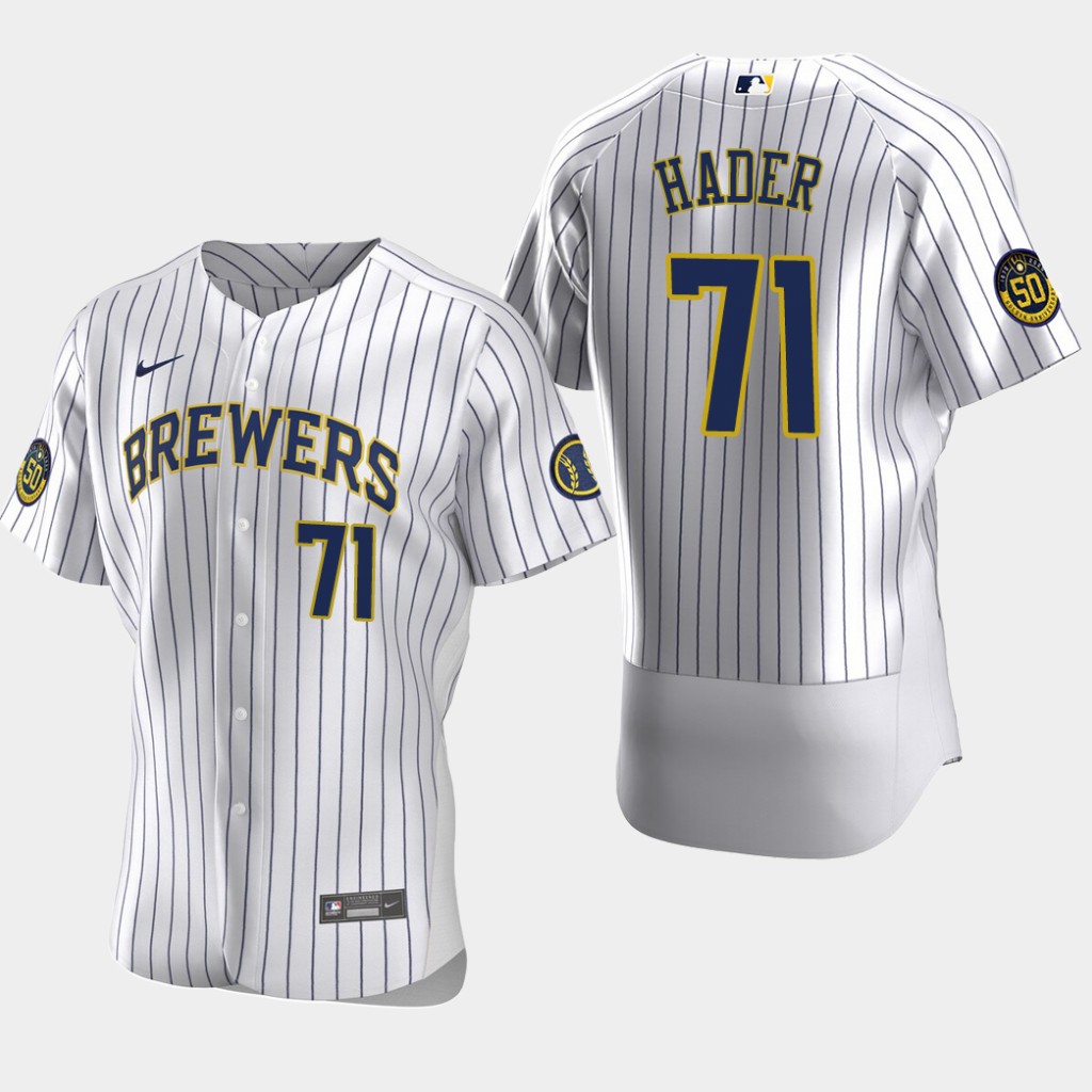 Men's Milwaukee Brewers Josh Hader #71 Home White Pinstripe Stitched Nike MLB Flex Base Jersey