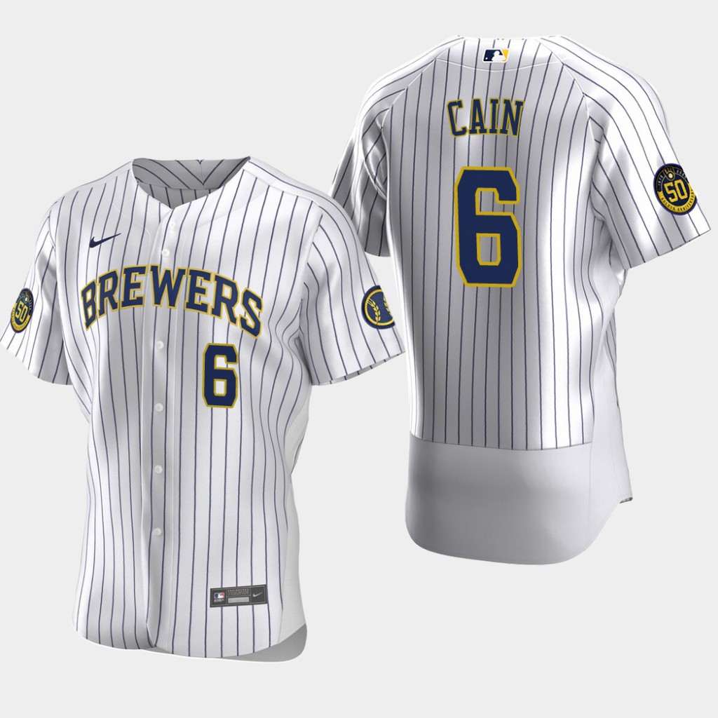 Men's Milwaukee Brewers Lorenzo Cain #6 Home White Pinstripe Stitched Nike MLB Flex Base Jersey