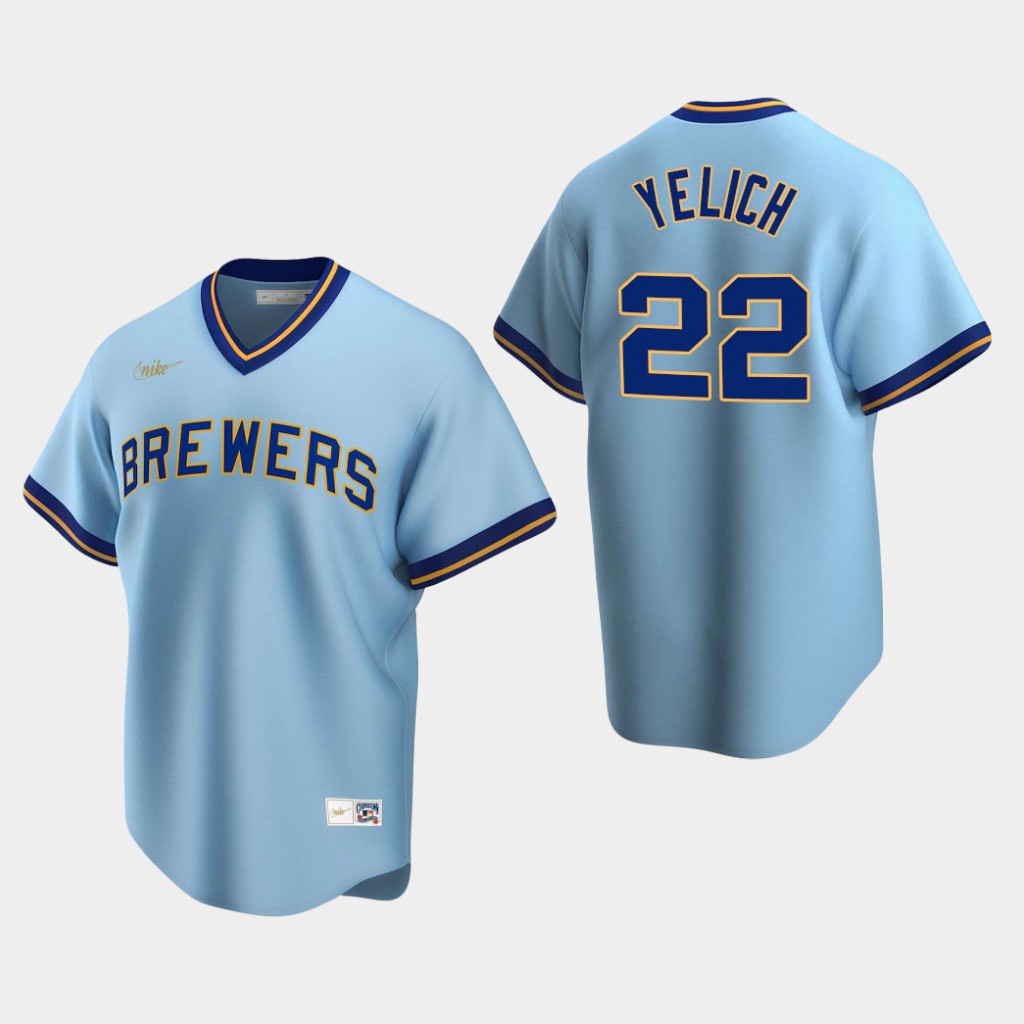 Men's Milwaukee Brewers Christian Yelich #22 Powder Blue Road Nike Cooperstown Collection Jersey