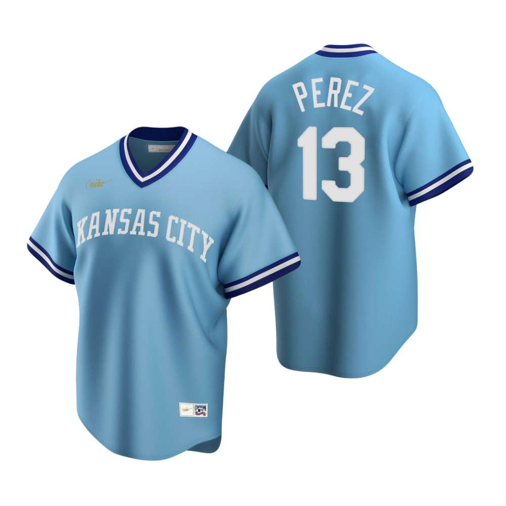 Men's Kansas City Royals #13 Salvador Perez Nike Light Blue Cooperstown Collection Road Jersey