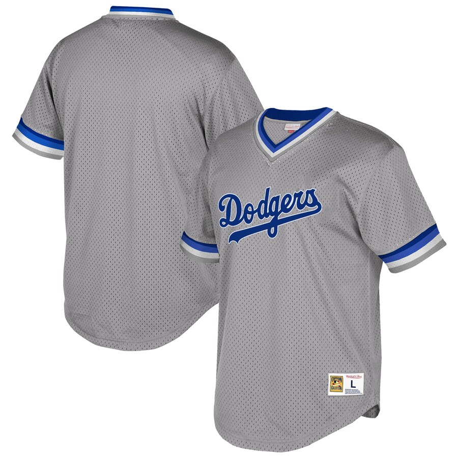 Men's Los Angeles Dodgers Mitchell & Ness Gray Cooperstown Collection Mesh Wordmark V-Neck Jersey