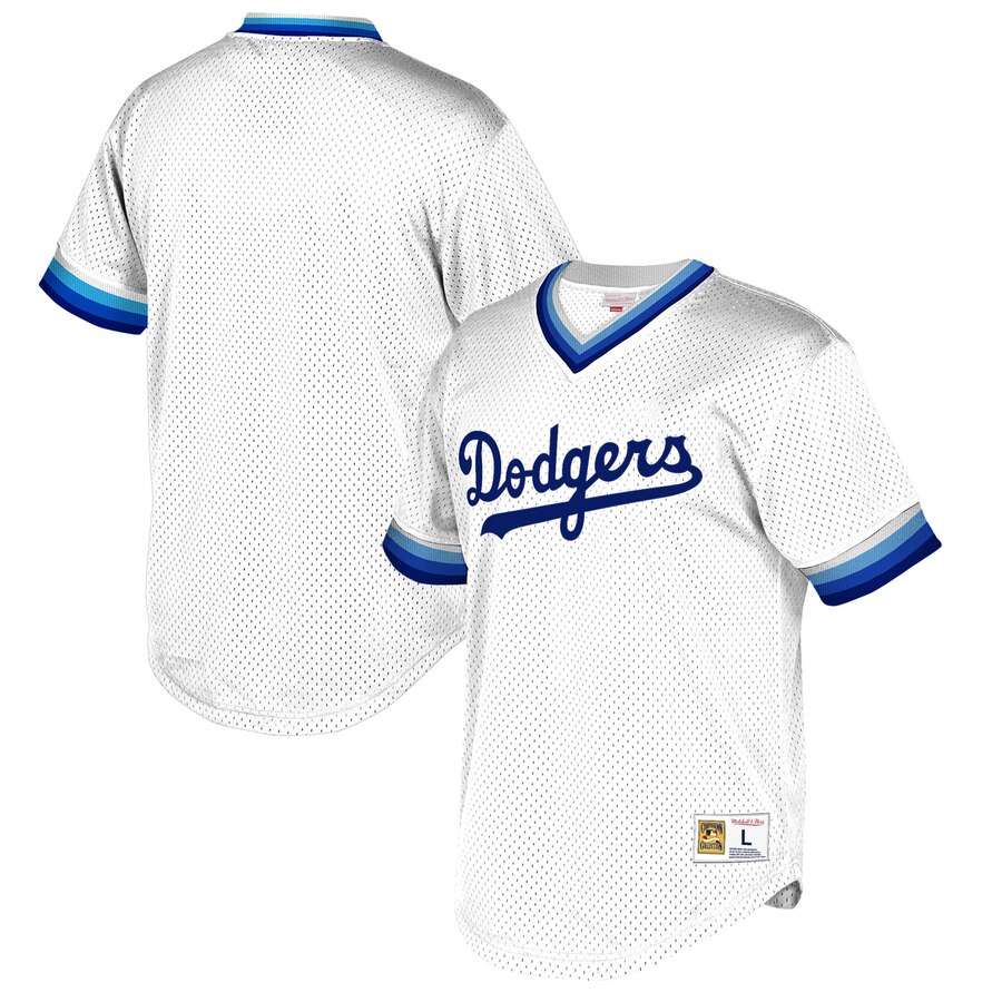 Men's Los Angeles Dodgers Mitchell & Ness White Cooperstown Collection Mesh Wordmark V-Neck Jersey