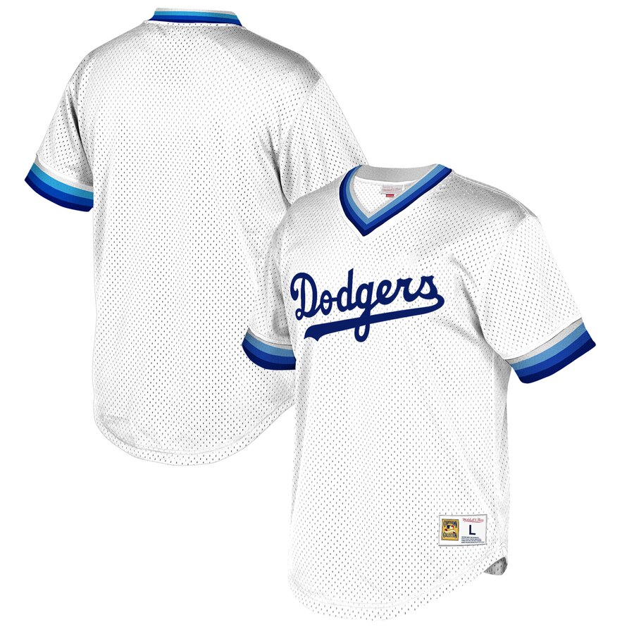 Men's Los Angeles Dodgers Mitchell & Ness White Cooperstown Collection Mesh Wordmark V-Neck Jersey