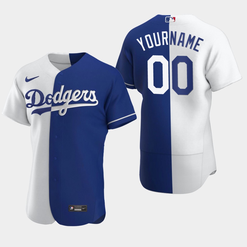 Mens Los Angeles Dodgers Custom Sandy Koufax Fernando Valenzuela Kirk Gibson Jackie Robinson White Royal Split Jersey