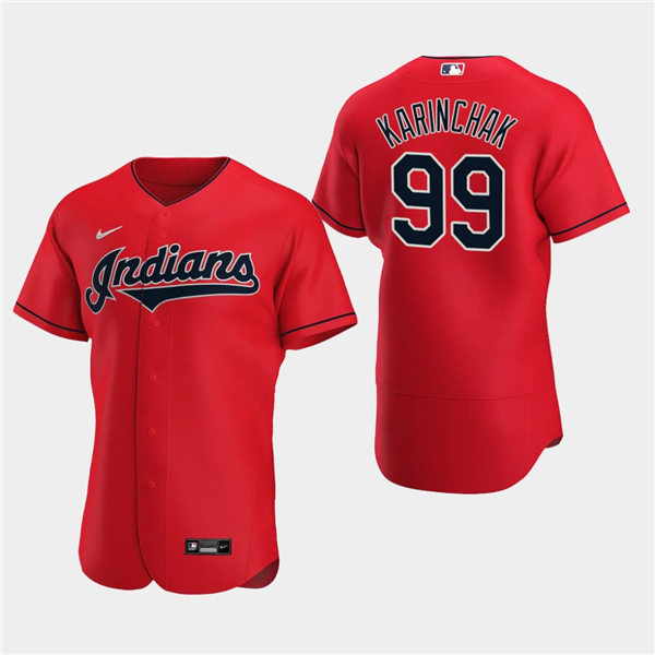 Men's Cleveland Indians James Karinchak #99 Red Flex Base Baseball Jersey