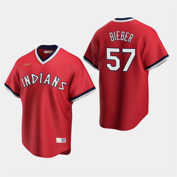 Men's Cleveland Indians Shane Bieber #57 Red Road Cooperstown Collection Jersey