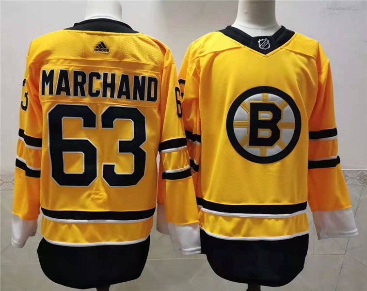 Men's Boston Bruin #63 Brad Marchand Yellow 2021 adidas NHL REVERSE RETRO JERSEYS