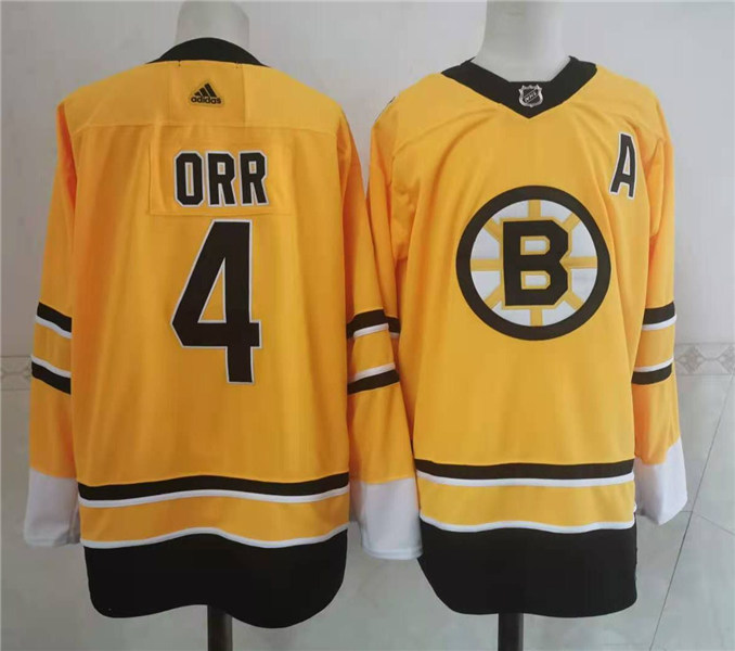 Men's Boston Bruins Retired Player #4 Bobby Orr Yellow 2021 adidas NHL REVERSE RETRO JERSEYS