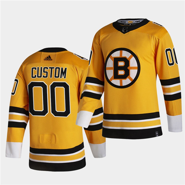 Men's Custom Boston Bruins Yellow 2021 adidas NHL REVERSE RETRO JERSEYS