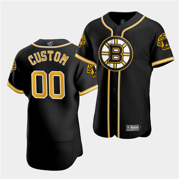 Men's Custom Boston Bruins 2020 NHL X MLB Crossover Edition Black Baseball Jersey
