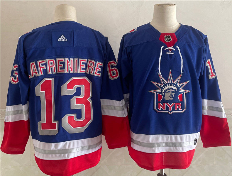 Mens New York Rangers #13 Alexis Lafreniere adidas Hockey Royal 2021 Classic Edition Liberty Jersey