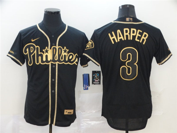 Men's Philadelphia Phillies #3 Bryce Harper Nike Black Golden Edition Authentic Jersey