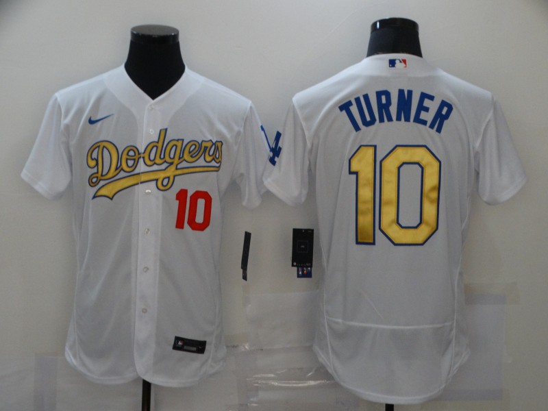 Men's Los Angeles Dodgers #10 Justin Turner Nike 2020 MLB World Series Champions White Gold Flex base Baseball Jersey 