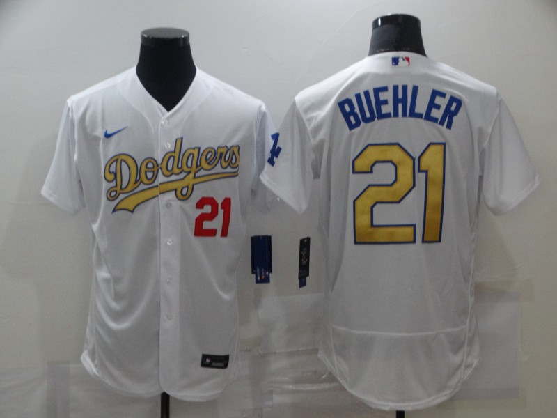 Men's Los Angeles Dodgers #21 Walker Buehler Nike 2020 MLB World Series Champions White Gold Flex base Baseball Jersey 