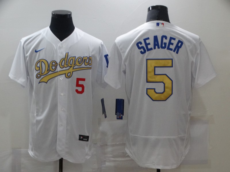 Men's Los Angeles Dodgers #5 Corey Seager Nike 2020 MLB World Series Champions White Gold Flex base Baseball Jersey 
