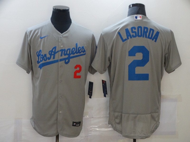 Men's Los Angeles Dodgers Retired Player #2 Tommy Lasorda Grey Los Angeles Nike Flex base Baseball Jersey