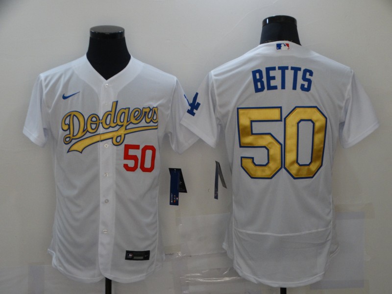 Men's Los Angeles Dodgers #50 Mookie Betts 2020 MLB World Series Champions White Gold Flex base Baseball Jersey 