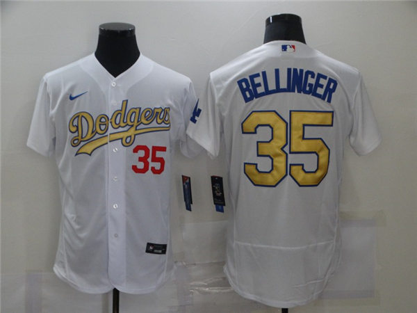 Men's Los Angeles Dodgers #35 Nike 2020 MLB World Series Champions White Gold Flex base Baseball Jersey 