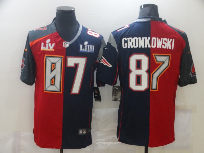 Men's Tampa Bay Buccaneers Mix New England Patriots #87 Rob Gronkowski Super Bowl LV Champions Navy Red Nike Split Vapor Limited Jersey