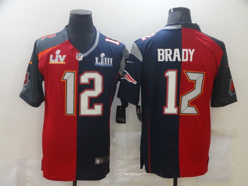 Men's Tampa Bay Buccaneers Mix New England Patriots #12 Tom Brady Super Bowl LV Champions Navy Red Nike Split Vapor Limited Jersey