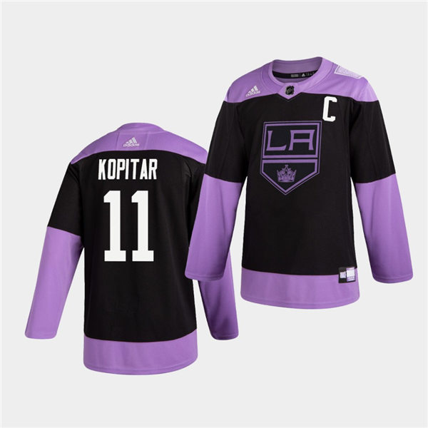 Men's Los Angeles Kings #11 Anze Kopitar Black Purple Adidas Hockey Fights Cancer Practice Jersey
