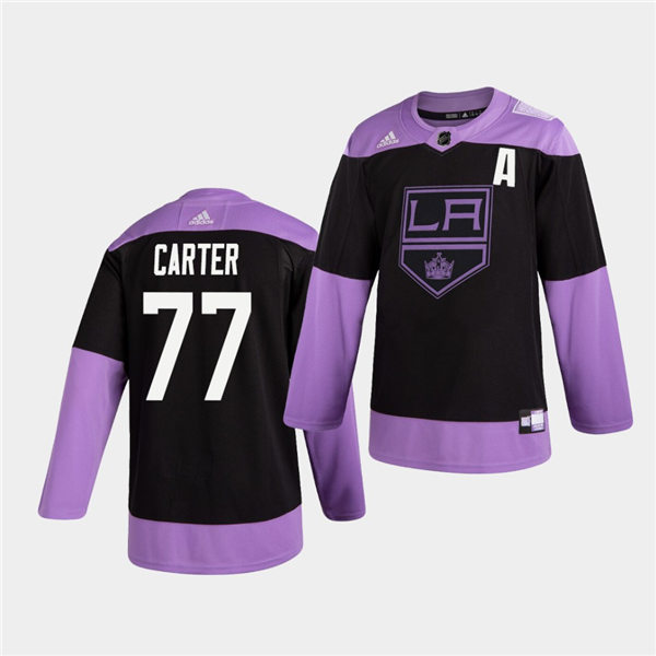 Men's Los Angeles Kings #77 Jeff Carter Black Purple Adidas Hockey Fights Cancer Practice Jersey