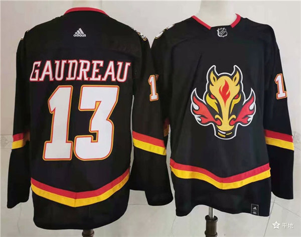 Men's Calgary Flames #13 Johnny Gaudreau Black Adidas 2021 Reverse Retro Jersey