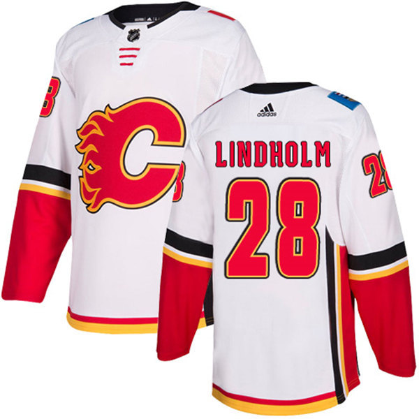 Men's Calgary Flames #28 Elias Lindholm Adidas White Away 