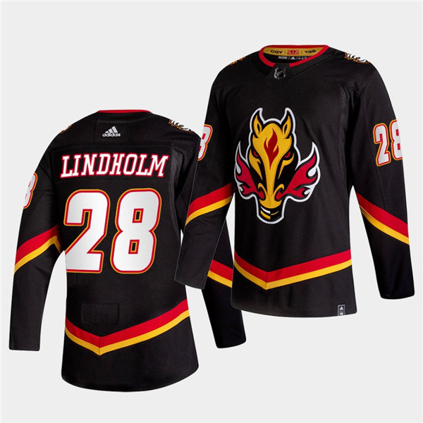 Men's Calgary Flames #28 Elias Lindholm Black Adidas 2021 Reverse Retro Jersey 
