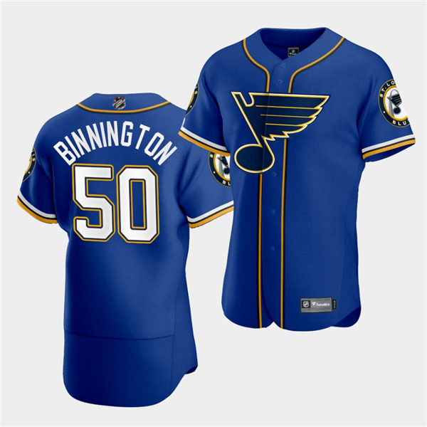 Men's St. Louis Blues # 50 Jordan Binnington 2020 NHL X MLB Crossover Edition Royal Baseball Jersey