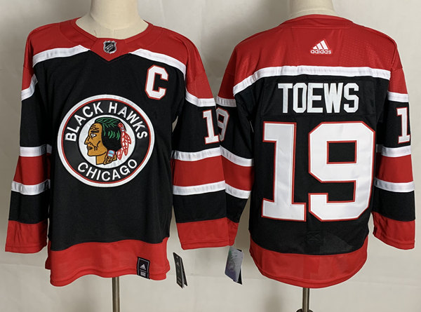 Men's Chicago Blackhawks #19 Jonathan Toews Black Adidas 2020-21 Reverse Retro Alternate NHL Jersey