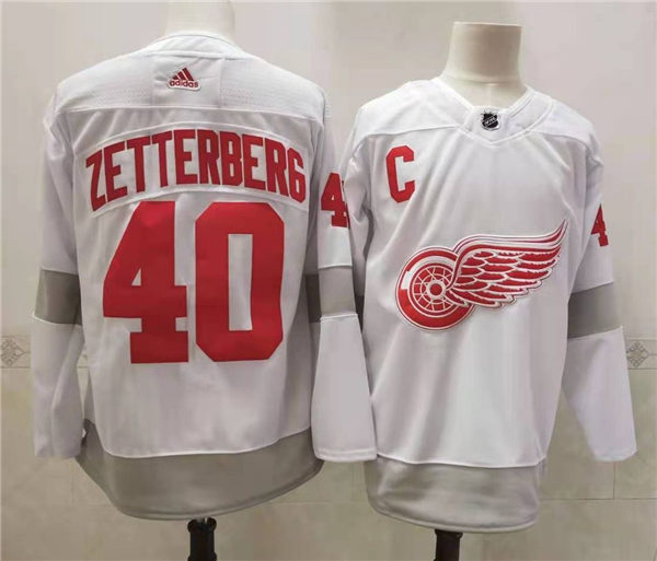 Mens Detroit Red Wings Retired Player #40 Henrik Zetterberg Adidas White 2021 Reverse Retro Jersey