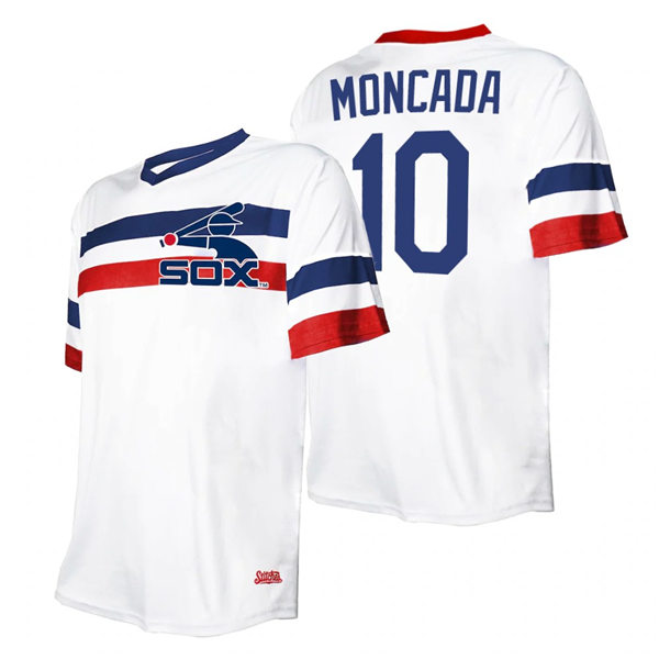 Men's Chicago White Sox #10 Yoan Moncada Stitches White Throwback Cooperstown Collection V-Neck Jersey