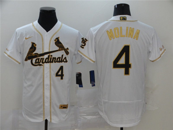 Men's St. Louis Cardinals #4 Yadier Molina Nike White Stitched MLB Flex Base Golden Edition Jersey