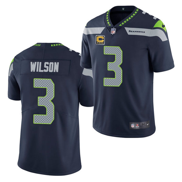 Men's Seattle Seahawks #3 Russell Wilson Navy Captain Patch Vapor Limited Jersey