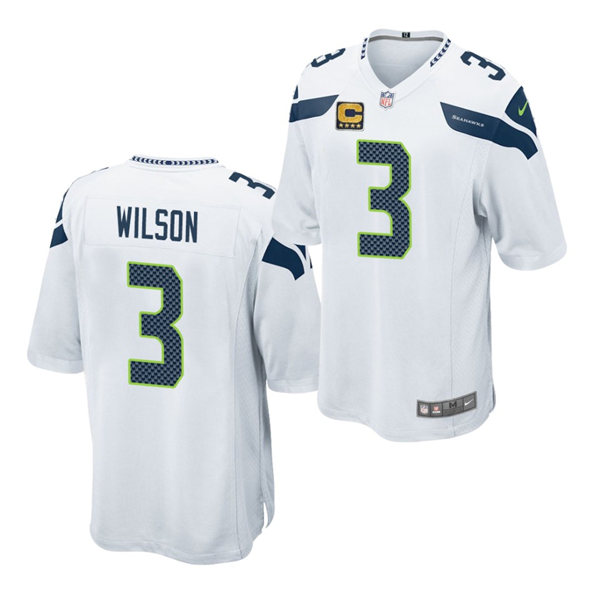 Men's Seattle Seahawks #3 Russell Wilson White Captain Patch Nike NFL Limited Jersey