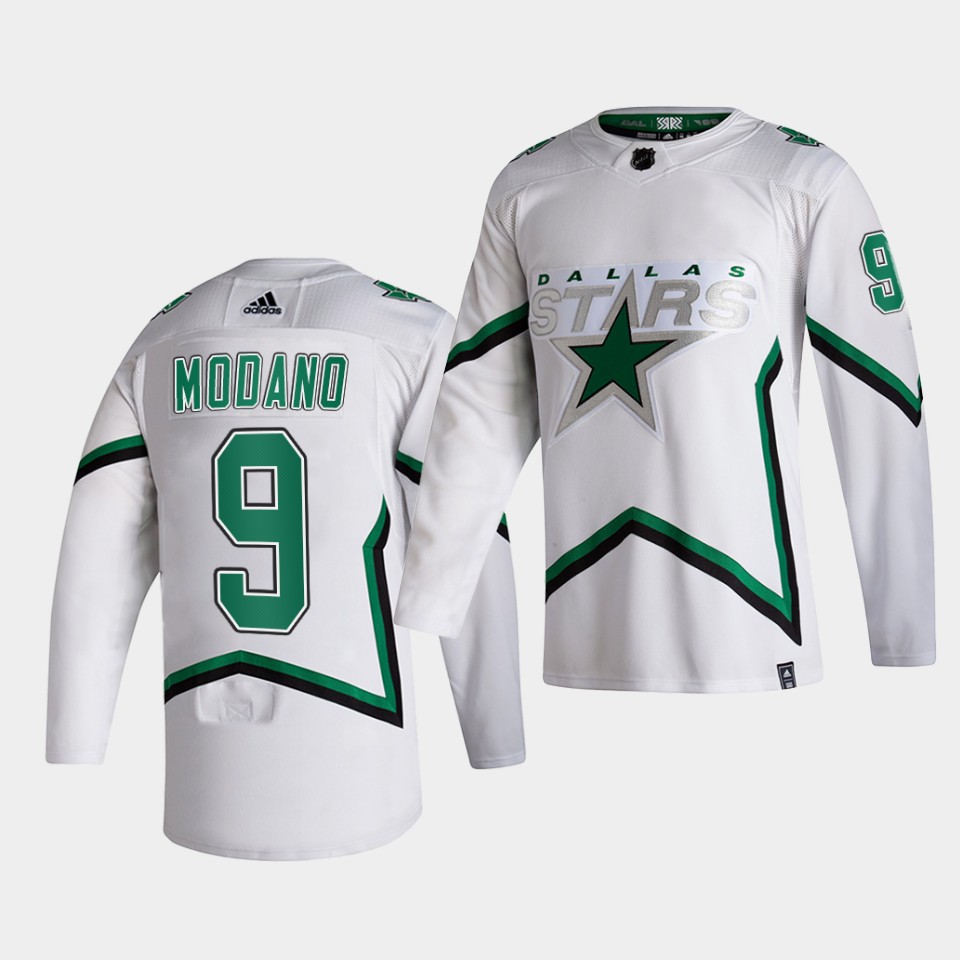 Men Dallas Stars Retired Player #9 Mike Modano adidas White 2021 Reverse Retro Jersey