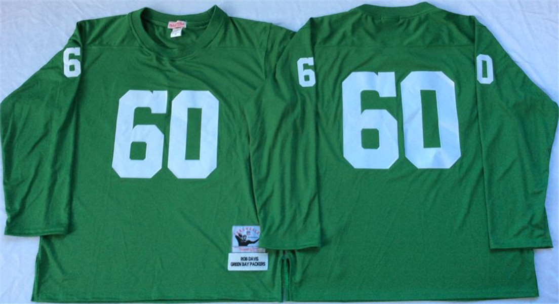 Men's Green Bay Packers #60 Rob Davis Long-Sleeved Mitchell & Ness Green Throwback Football Jersey