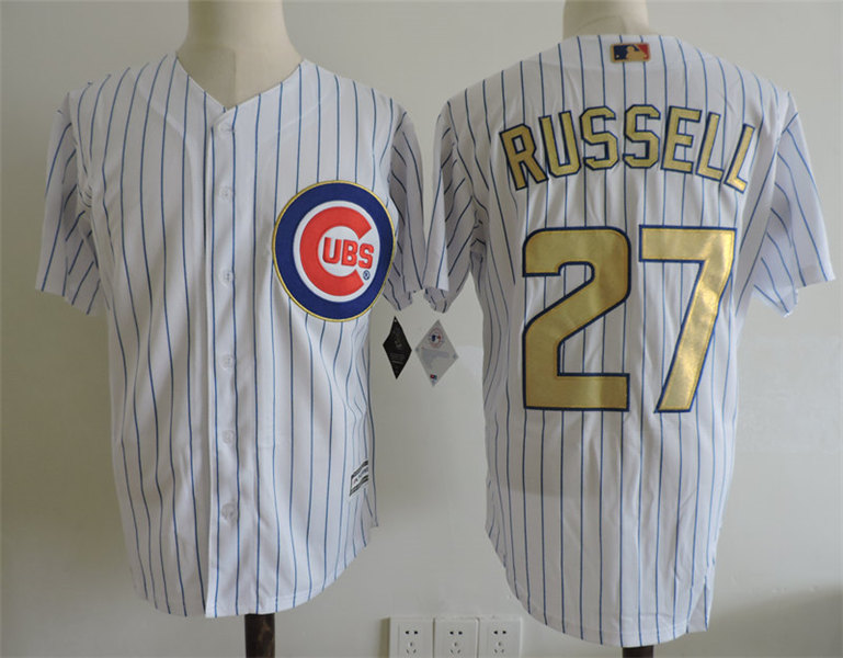 Mens Chicago Cubs #27 Addison Russell Majestic White 2017 Gold Program Cool Base Player Jersey
