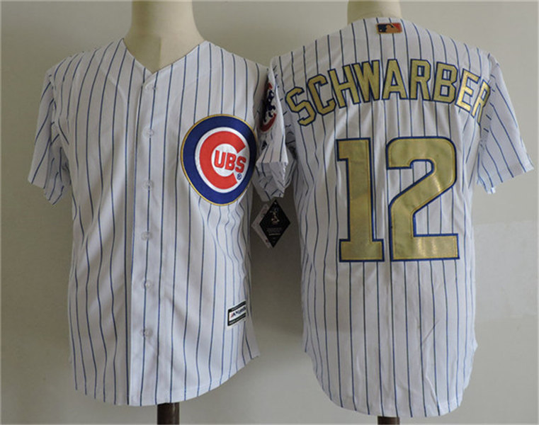 Mens Chicago Cubs#12 Kyle Schwarber Majestic White 2017 Gold Program Cool Base Player Jersey