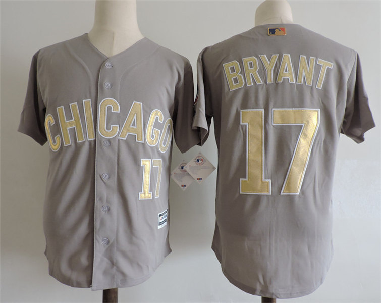 Mens Chicago Cubs #17 Kris Bryant Majestic Grey 2017 Gold Program Cool Base Player Jersey