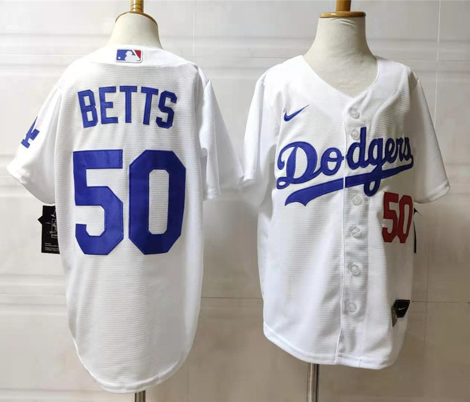 Youth Los Angeles Dodgers #50 Mookie Betts Nike White Cool Base Baseball Jersey