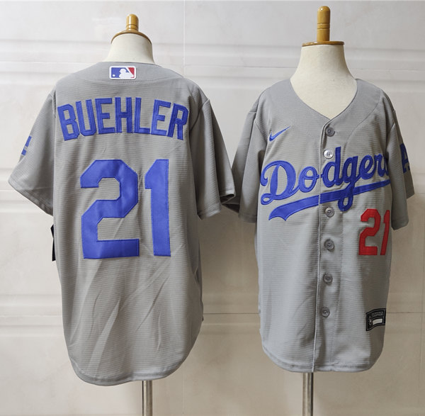 Youth Los Angeles Dodgers #21 Walker Buehler Nike Grey Cool Base Baseball Jersey