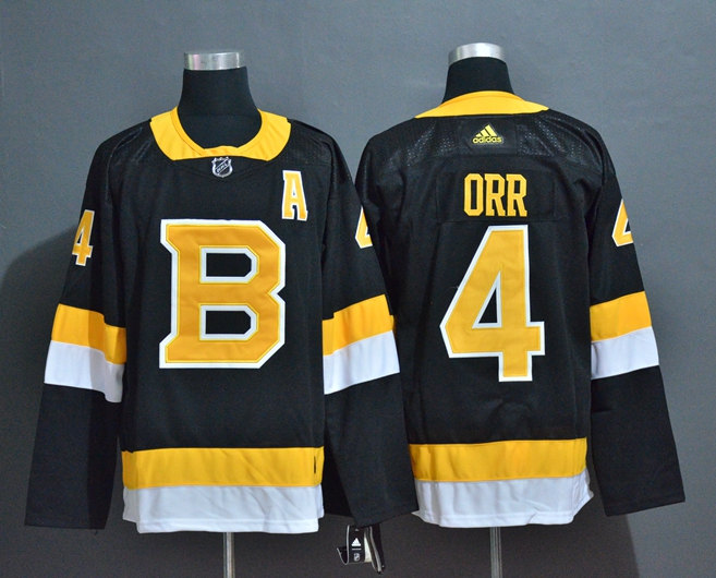 Men's Boston Bruins Retired Player #4 Bobby Orr adidas Third Black Retro 1948 Jersey